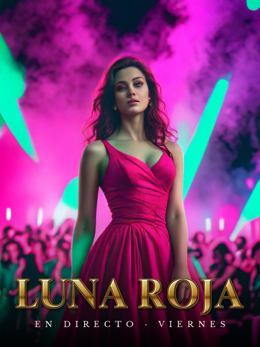 Cartel de concierto con una cantante de vestido rojo y el título Luna Roja en letras doradas